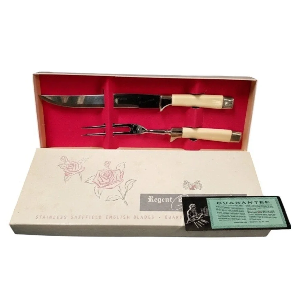 Regent Sheffield Vtg Carving Set Stainless Steel England‎ Cream Handles Boxed